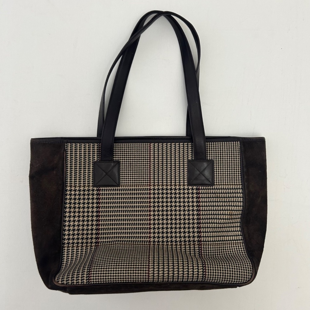 Ralph Lauren Vintage Houndstooth Plaid Tote Brown Suede and Leather - Picture 2 of 14